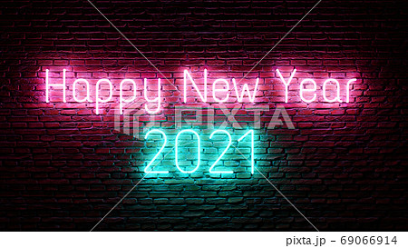New Year 2021 neon sign creative design concept on brick background. 3D rendered illustration New Year 2021 neon sign creative design concept on brick background. 3D rendered illustration 69066914