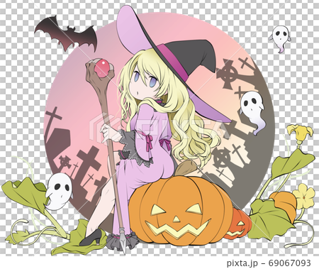 Dusk Halloween Blonde Witch Perched On Jack O Stock Illustration 69067093 Pixta