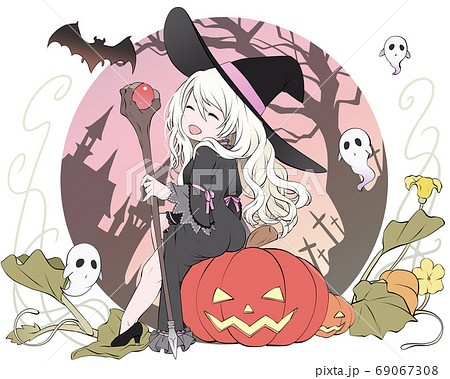 黄昏ハロウィン ジャック オ ランタンに腰掛ける笑顔の白い魔女 城と枯れ木のシルエットのイラスト素材