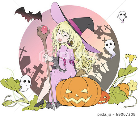 黄昏ハロウィン ジャック オ ランタンに腰掛ける笑顔の魔女 墓場のシルエットのイラスト素材