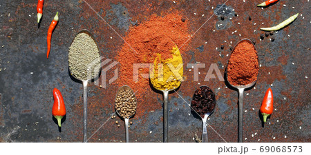 silver spoon with various spices silver spoon with various spices 69068573