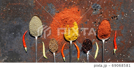 silver spoon with various spices 69068581