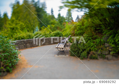 ティルトレンズを使い公園のベンチをミニチュア風に写した写真　バンクーバー　ブリティッシュコロンビア　 69069292