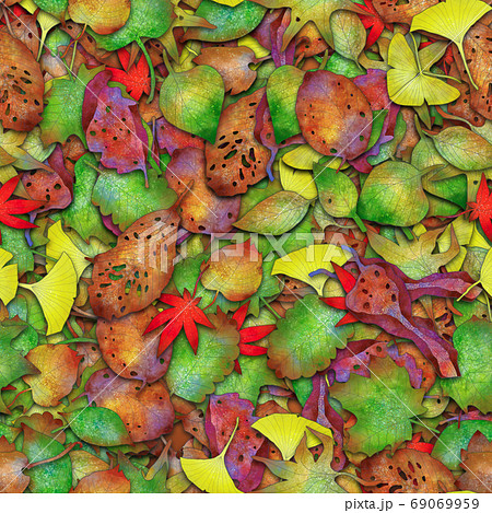 紅葉と銀杏と枯れ葉の秋風でリアルな様々な落ち葉のシームレスパターンのイラスト素材