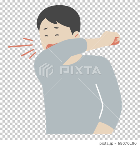 服の袖で口を覆って咳をする男性のイラストのイラスト素材