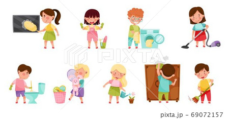 Kid Characters Cleaning Room and Doing Household Chores Vector Illustration Set Kid Characters Cleaning Room and Doing Household Chores Vector Illustration Set 69072157
