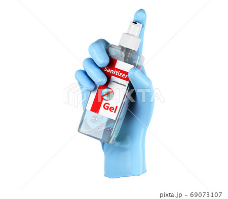 a medical glove holds a jar of antiseptic sanitizer gel 3d rende 69073107