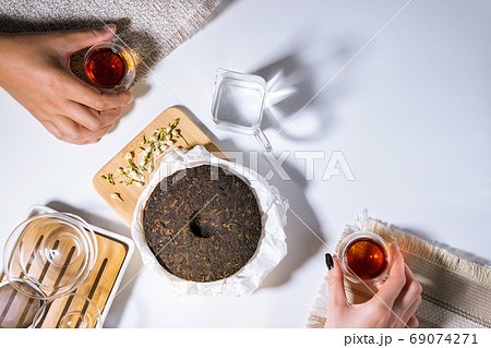 Chinese tea ceremony, herbal tea. Traditional Asian black tea. on a white background, top view. flat lay 69074271