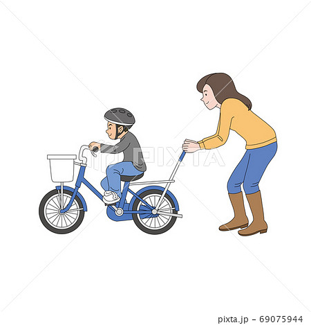 息子の自転車練習を手伝うママ2のイラスト素材