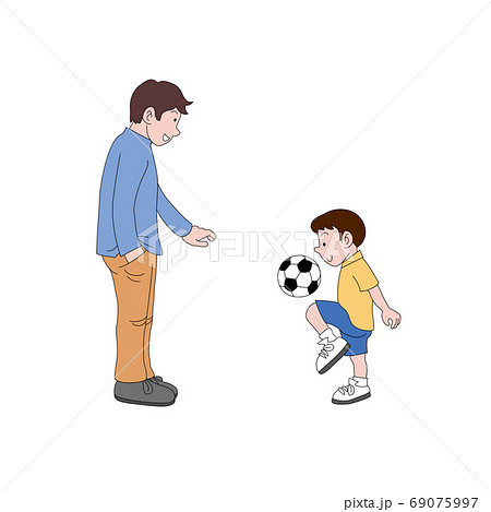 サッカーボールで遊ぶパパと息子のイラスト素材
