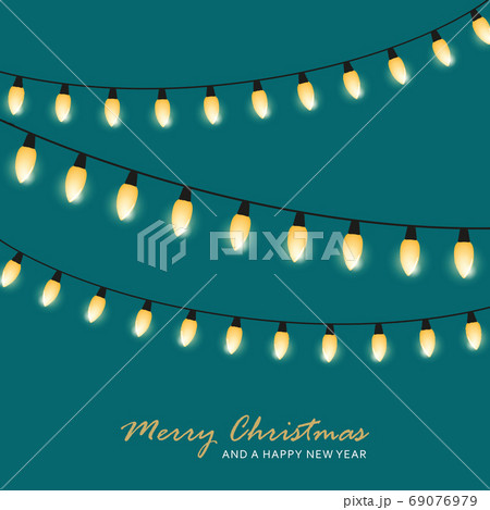 christmas fairy lights on green background holiday greeting card 69076979