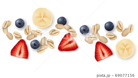 Vector realistic decorative border with oat flakes, strawberries Vector realistic decorative border with oat flakes, strawberries 69077156