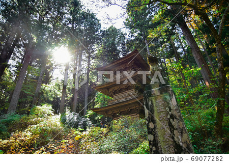 紅葉に囲まれた光前寺の風景 69077282