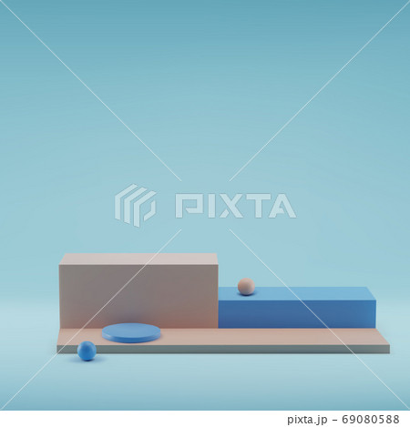 Square beige pastel podiums , on blue background 69080588