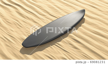 Blank black surfboard lying on sand mockup, side view 69081231