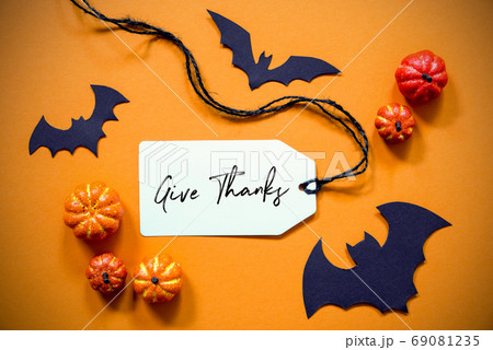 Label With Text Give Thanks, Halloween And Autumn 69081235