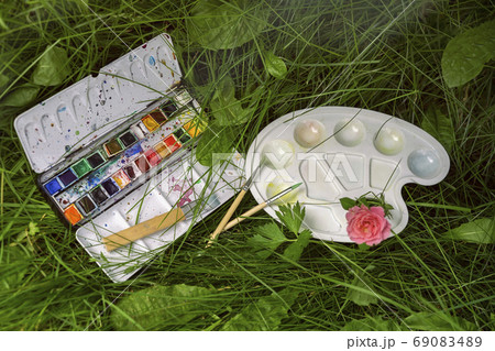 Multicolored watercolor paints and the artist's palette in the grass, top view. Concept of natural art ideas 69083489