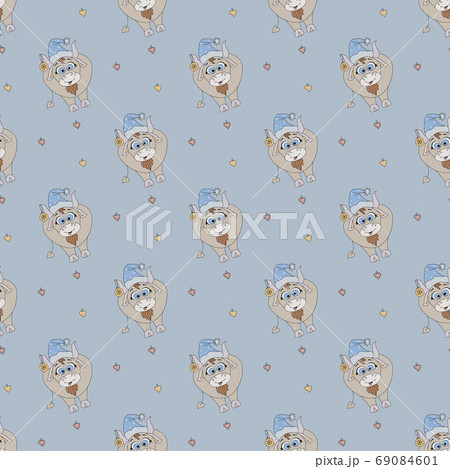 New year seamless pattern. Christmas pattern with the symbol of 2021 - a cute bull in New Years clothes on a blue background. For festive design and decoration. Vector. 69084601