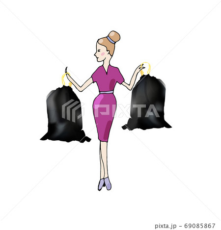 Fashionable girl with bags with garbage on white background 69085867