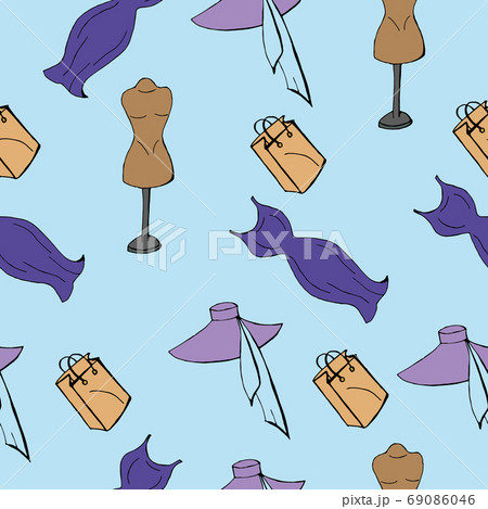 Seamless background with shopping sketches. Women's hats and accessories on a blue background. Fashion background. 69086046