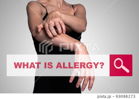 WHAT IS ALLERGY. Skin health, symptoms, stress and treatment concept. Searching information WHAT IS ALLERGY. Skin health, symptoms, stress and treatment concept. Searching information 69086273