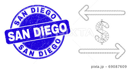 Blue Grunge San Diego Stamp Seal and Web Carcass Dollar Exchange Arrows 69087609