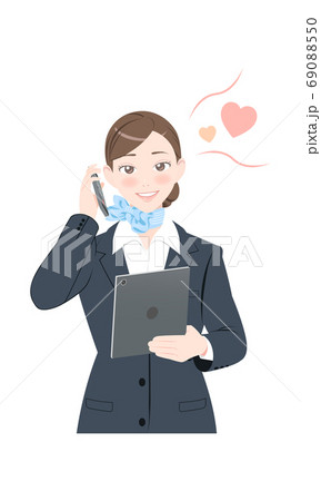 電話 照れる タブレット ポーズ ビジネス スーツ 女性のイラスト素材
