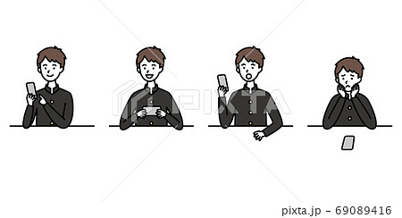 学ランの男子中高生とスマホのイラスト素材