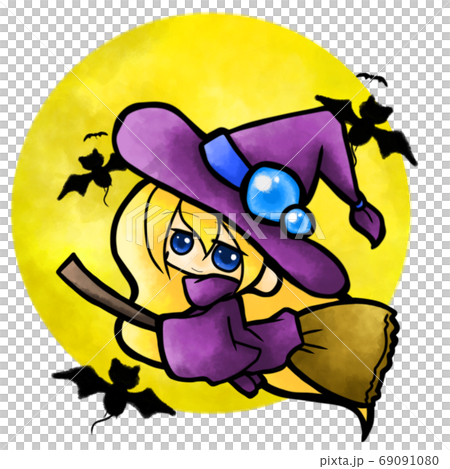 ハロウィンにも ほうきに乗った可愛い魔女のイラスト素材