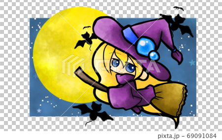 ハロウィンにも ほうきに乗った可愛い魔女のイラスト素材