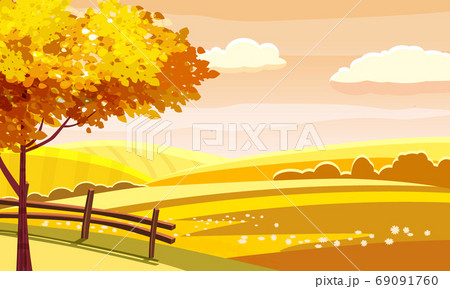 Autumn landscape rural hills meadows fields countryside. Yellow orange foliage tree panorama horizon. Vector illustration isolated Autumn landscape rural hills meadows fields countryside. Yellow orange foliage tree panorama horizon. Vector illustration isolated 69091760