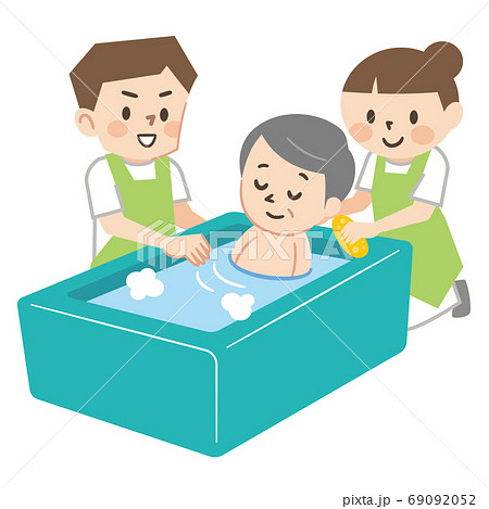 高齢者の入浴介助をする介護スタッフのイラスト素材