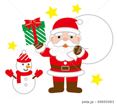 プレゼントを持ったサンタと雪だるまの可愛いクリスマスイラスト 白背景のイラスト素材 69093063 Pixta