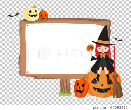 ハロウィンな魔女に扮した女の子と看板 ハロウィンな魔女に扮した女の子と看板 69093211