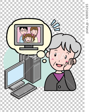 An old woman who wants to talk remotely with a family member who is away from the computer 69093285