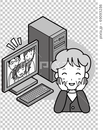 A grandmother happy to talk to a family who is away from the computer remotely 69093286