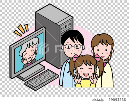 パソコンを使い離れているおばあさんとリモートで話す家族 69093288