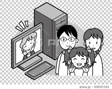 パソコンを使い離れているおばあさんとリモートで話す家族 69093382