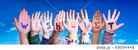 Children Hands Building Word Wishlist, Blue Sky Children Hands Building Word Wishlist, Blue Sky 69094448