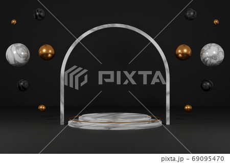 3d rendering empty marble podium with arch ,copper and marble spheres. Abstract minimal geometric design for showcase product mockups. 3d rendering empty marble podium with arch ,copper and marble spheres. Abstract minimal geometric design for showcase product mockups. 69095470