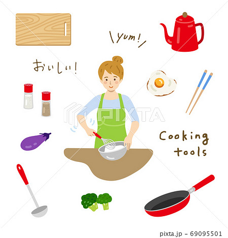 料理をする女性と調理道具セットのイラスト素材