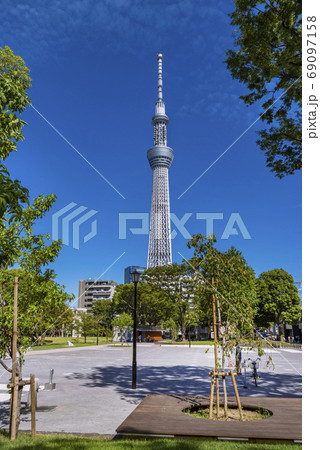 浅草 隅田公園と東京スカイツリーの風景の写真素材