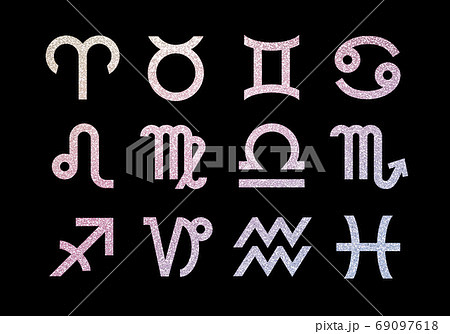 十二星座 星占い 記号 アイコン セット　イラスト 黒背景 69097618