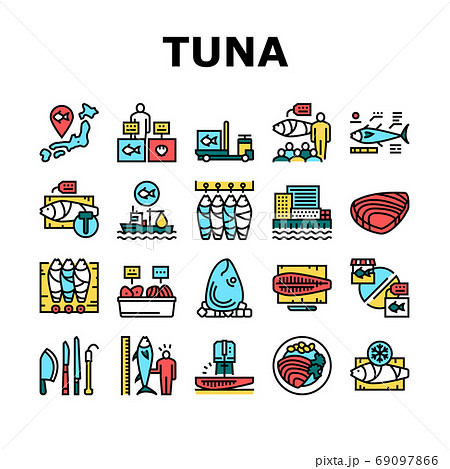 Tuna Auction Tsukiji Market Collection Icons Set Vector 69097866