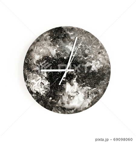 Round black watercolor clock isolated on white background. Minimal concept. Flat lay. Top view. Round black watercolor clock isolated on white background. Minimal concept. Flat lay. Top view. 69098060