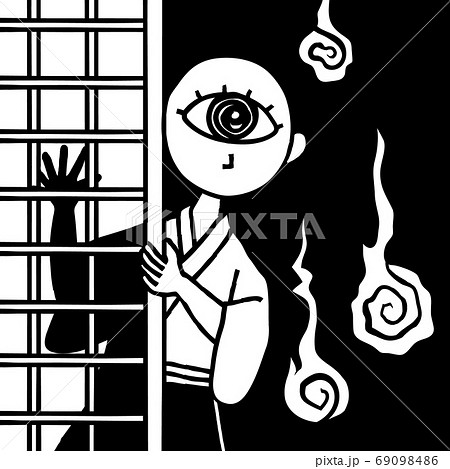 障子の陰から覗いている一つ目小僧 69098486