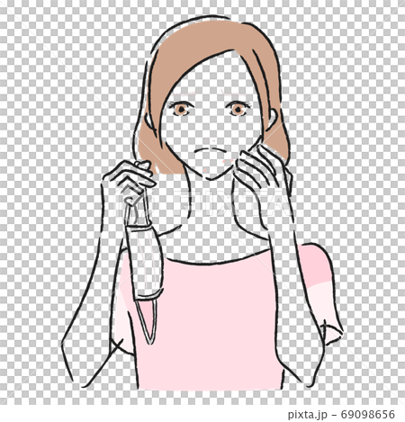 夏にマスクをつけていたら顔ににきびが出来てしまった若い女性のイラスト。 69098656