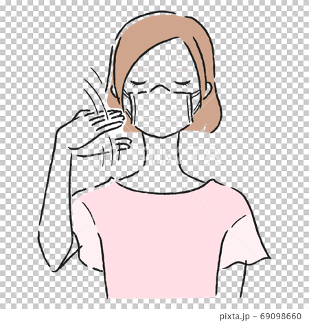 A woman wearing a mask in the summer. Illustration that is hot and sends wind by hand. A woman wearing a mask in the summer. Illustration that is hot and sends wind by hand. 69098660