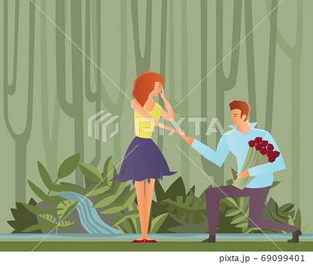 Young couples in love. Man makes a proposal to his girlfriend, kneeling. Vector Illustration. 69099401