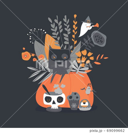 Halloween illustration with pumpkin and cat on black background Halloween illustration with pumpkin and cat on black background 69099662